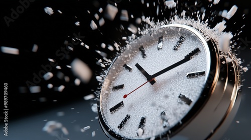 Wallpaper Mural Clock breaking apart into particles evoking disintegration concept surreal dynamic time. AI generated Torontodigital.ca