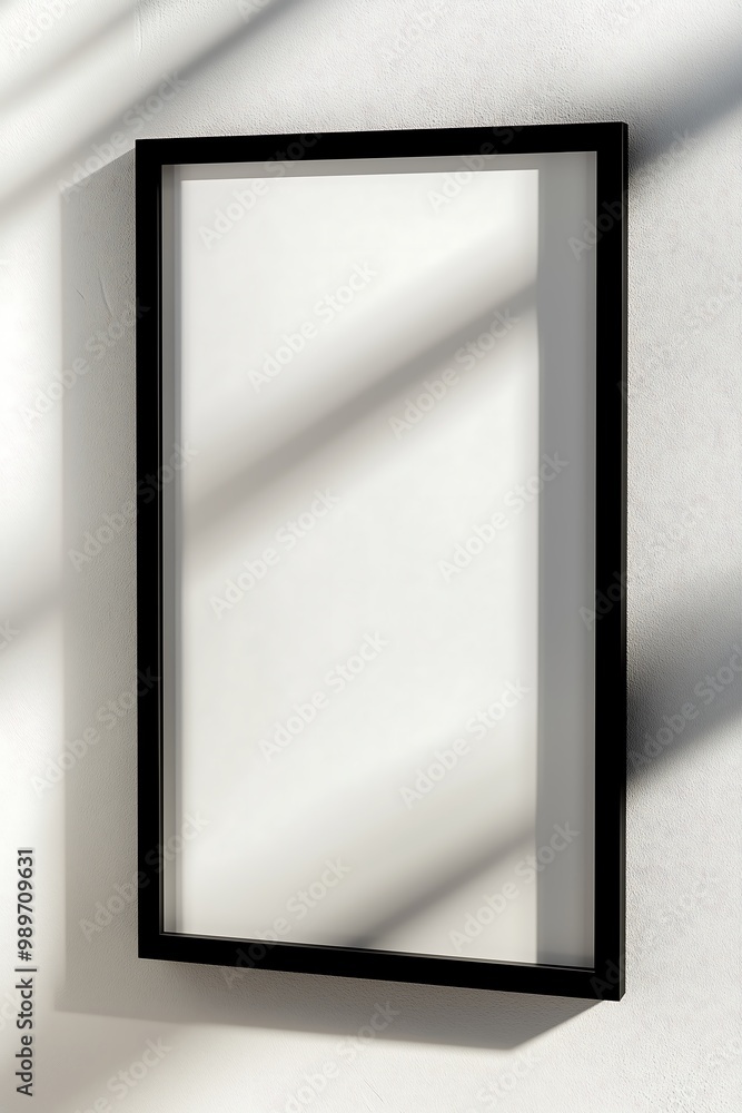 Empty Black Picture Frame with Shadows Against Sunlit Wall Empty Black Picture Frame with Shadows Against Sunlit Wall