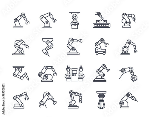 Set of robotic hand line icons. Simple symbols with automated industrial robot manipulators for factories. Editable stroke. Outline vector illustration collection isolated on white background