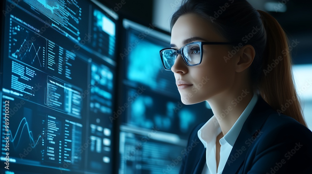 Woman Analyzing Data on Futuristic High-Tech Digital Screens Woman Analyzing Data on Futuristic High-Tech Digital Screens
