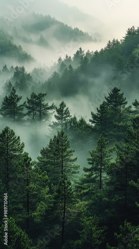 Misty fir forest with soft morning light filtering through the fog