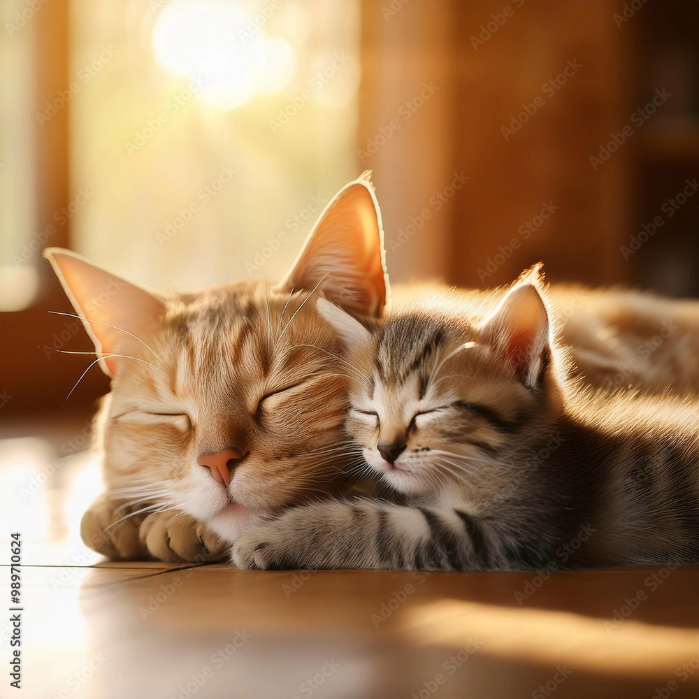 A mother cat and her kittens are sleeping together. A mother cat and her kittens are sleeping together.