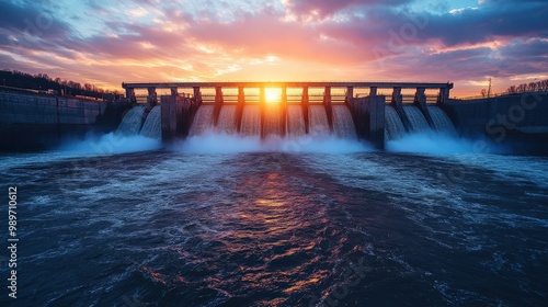 Hydroelectric dam generating clean energy with rushing water and turbines photo