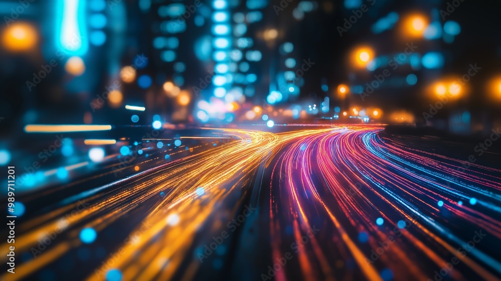 Bright light streaks move dynamically across dark urban landscape forming futuristic impression. AI generated Bright light streaks move dynamically across dark urban landscape forming futuristic impression. AI generated