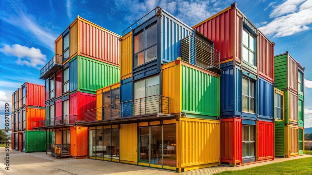 Fototapeta premium Colorful building made out of repurposed shipping containers, shipping containers, colorful, vibrant