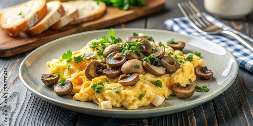 Scrambled eggs and fried egg with sauteed mushrooms on a plate , breakfast, food, delicious, healthy, protein, gourmet Scrambled eggs and fried egg with sauteed mushrooms on a plate , breakfast, food, delicious, healthy, protein, gourmet