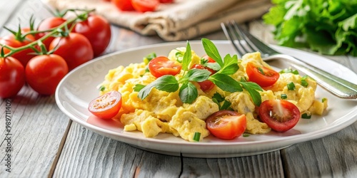 Scrambled eggs with tomatoes and mixed salad on a white plate, scrambled eggs, tomato, salad, vegetables, breakfast, healthy