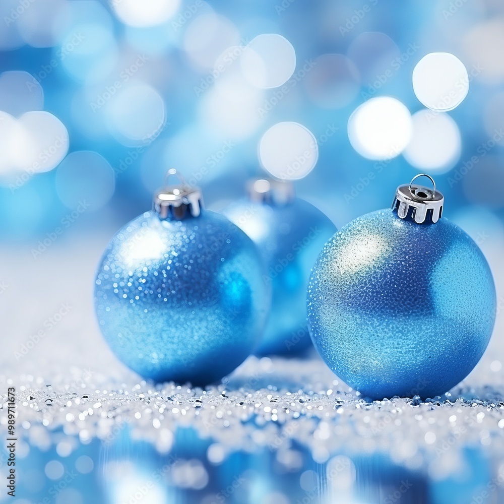 Blue decorative ornaments on a sparkling surface for holiday celebrations Blue decorative ornaments on a sparkling surface for holiday celebrations
