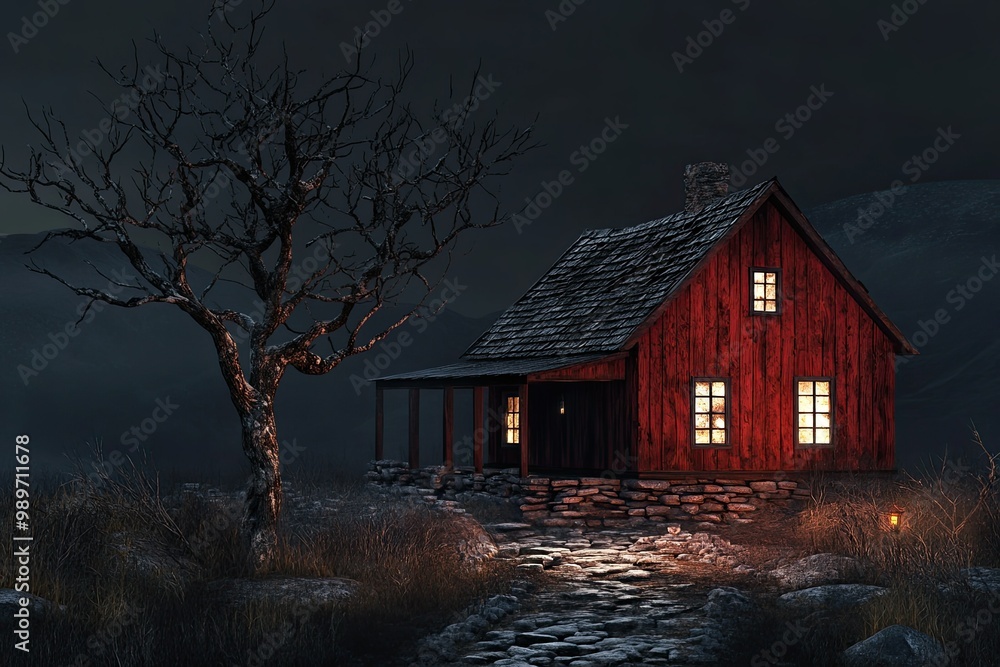 luxury red haunted two storey house with sloping wooden walls, dry leafless tree, elegant light and stack stones floor isolated on dark background luxury red haunted two storey house with sloping wooden walls, dry leafless tree, elegant light and stack stones floor isolated on dark background
