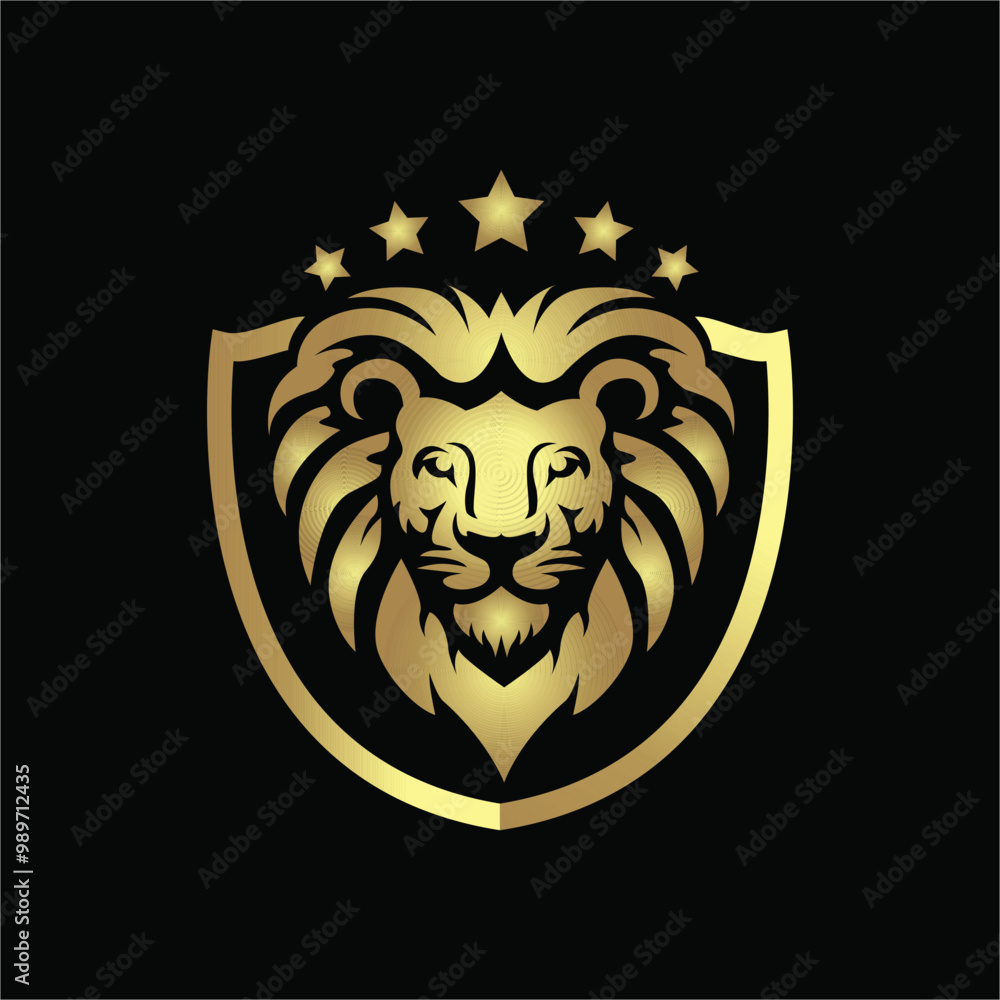 Fototapeta premium Lion head shield logo. Golden crown badge symbol. The king animal sign. Vector illustration.