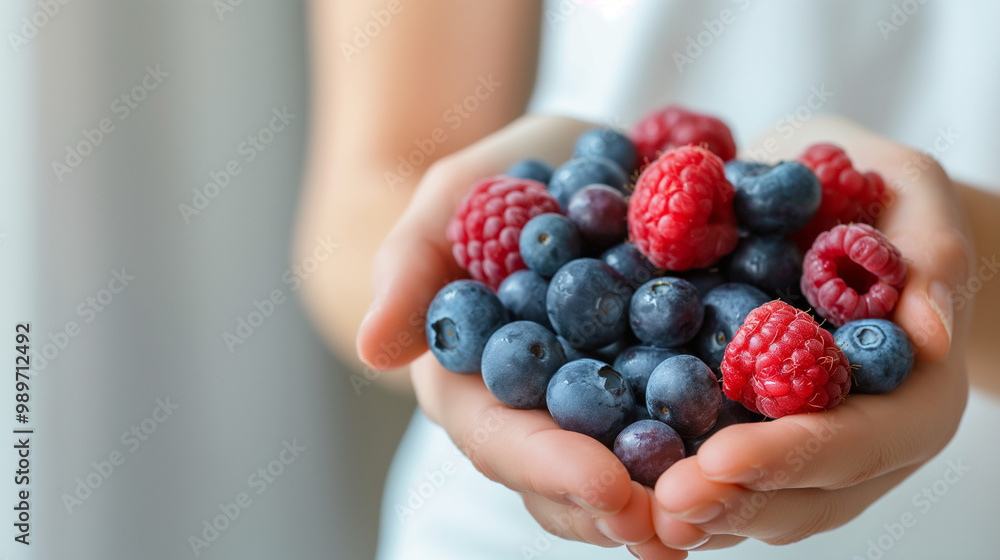 A person holding a handful of vibrant berries (blueberries, raspberries) near their head, symbolizing feeding the brain. The background is soft and minimal A person holding a handful of vibrant berries (blueberries, raspberries) near their head, symbolizing feeding the brain. The background is soft and minimal