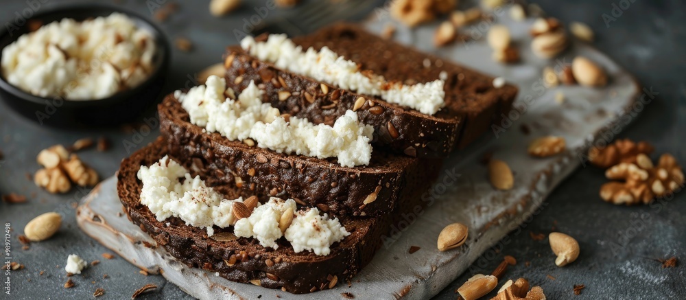 Slices Of Black Bread With Nuts And French Soft Cheese Slices Of Black Bread With Nuts And French Soft Cheese