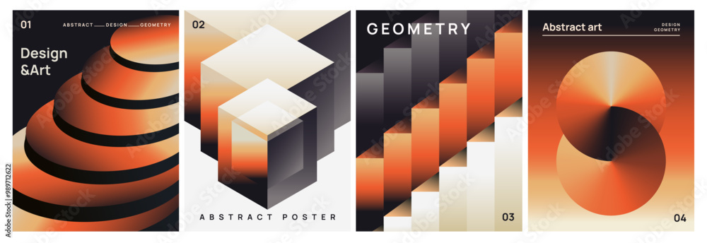 Abstract gradient posters set. Minimalistic covers or flyers with bright geometric shapes in 3D perspective. Design Elements for Social Media. Vector illustration collection isolated on background
