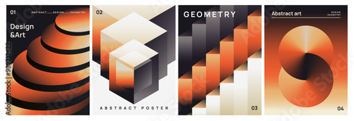 Abstract gradient posters set. Minimalistic covers or flyers with bright geometric shapes in 3D perspective. Design Elements for Social Media. Vector illustration collection isolated on background