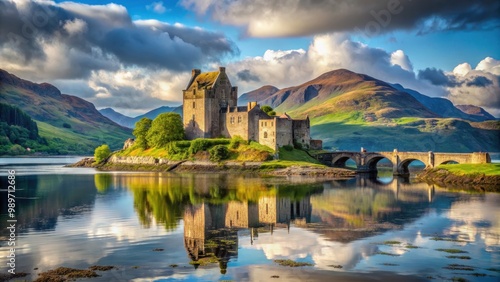Eilean Donan Castle in Scotland with a beautiful backdrop of water and mountains, Eilean Donan Castle