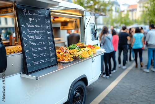 A close-up of a food truck parked on a busy street, with the menu displayed on a chalkboard and people lining up for a quick meal