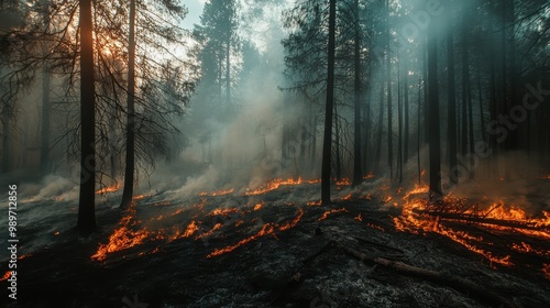 The landscape shows charred trees and smoke rising from ground remnants of a recent wildfire