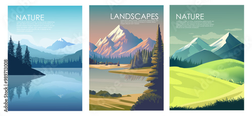 Nature and landscape. Posters with beautiful scenery with mountains, forests, lakes and green fields. Environment and Wildlife. Cartoon vector illustration collection isolated on white background