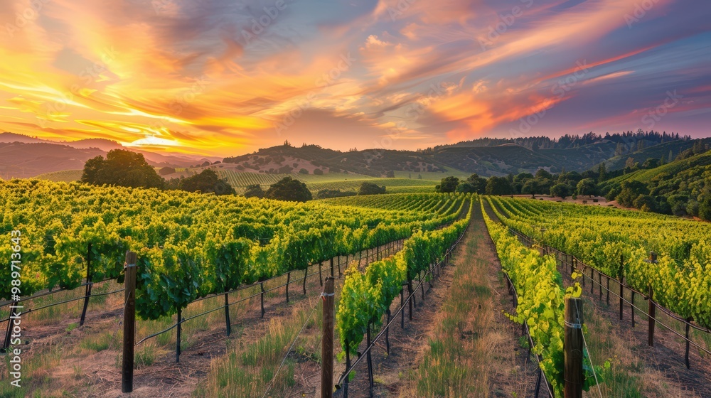 Naklejka premium Sunset over the vineyard, offering a serene panoramic view.