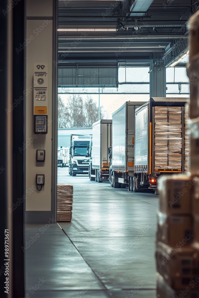 Modern loading dock with transportation trucks lined up, showcasing efficient logistics and warehouse operations. scene reflects busy environment filled with activity and organization Modern loading dock with transportation trucks lined up, showcasing efficient logistics and warehouse operations. scene reflects busy environment filled with activity and organization