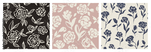 Set of seamless patterns with roses. Ornate repeating ornaments with blooming flowers and plants. Decorative design for textile. Hand drawn vector illustration collection isolated on background