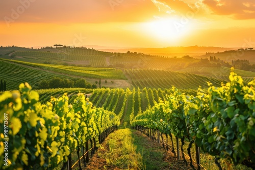 Sunset over the vineyard, offering a serene panoramic view.