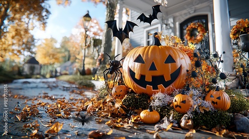 Halloween pumpkins glow on the porch, surrounded by bats and spiders, festive and fun. photo