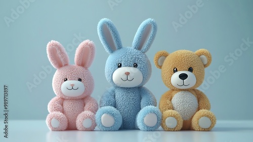 A bunny and teddy bear, plush friends, sit side by side against a soft blue backdrop.