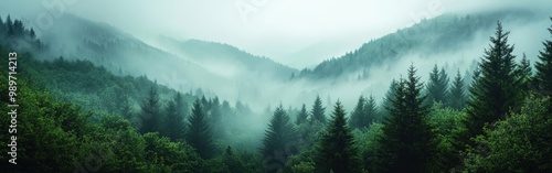 Misty fir forest with soft morning light filtering through the fog