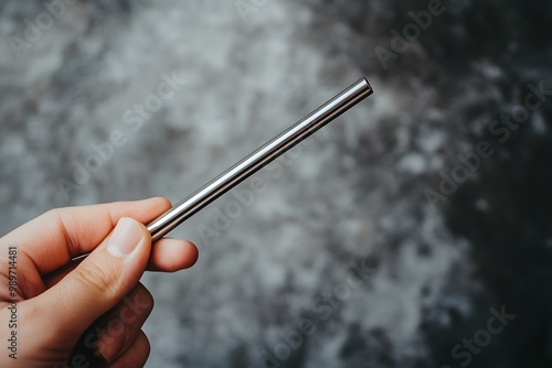 a hand holding a metal straw, with a focus on the eco-friendly alternative to plastic straws and the texture of the stainless steel