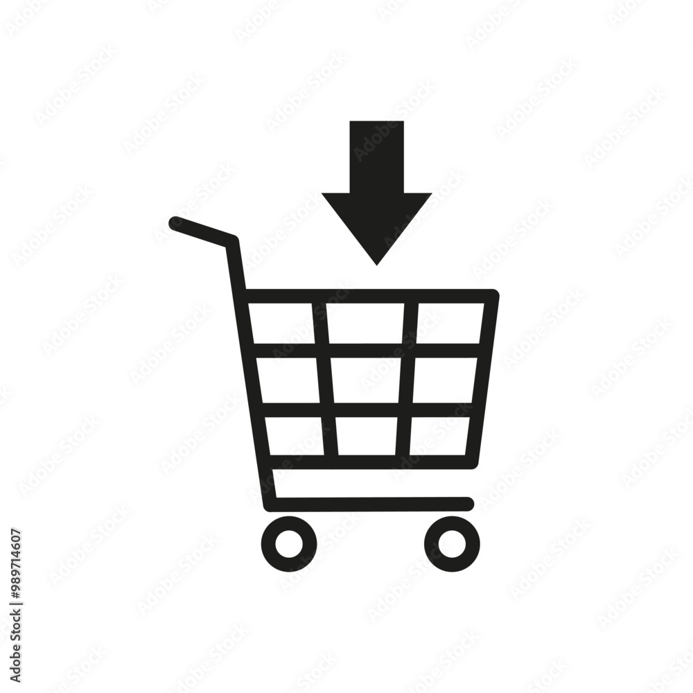 Shopping cart icon with a downward arrow, indicating add to cart or purchasing action. Minimalistic and clean Shopping cart icon with a downward arrow, indicating add to cart or purchasing action. Minimalistic and clean