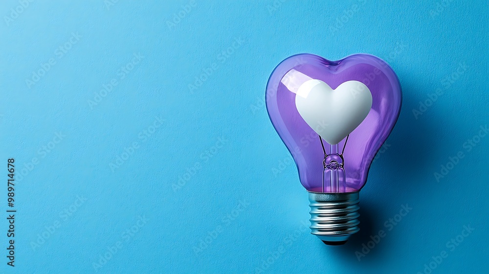 A purple heart-shaped light bulb shines brightly against a cool blue background. A purple heart-shaped light bulb shines brightly against a cool blue background.