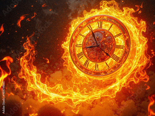 Eternal Flames of Time. The vivid flames surrounding the clock evoke a sense of intensity and the passage of time in a dramatic and powerful way.