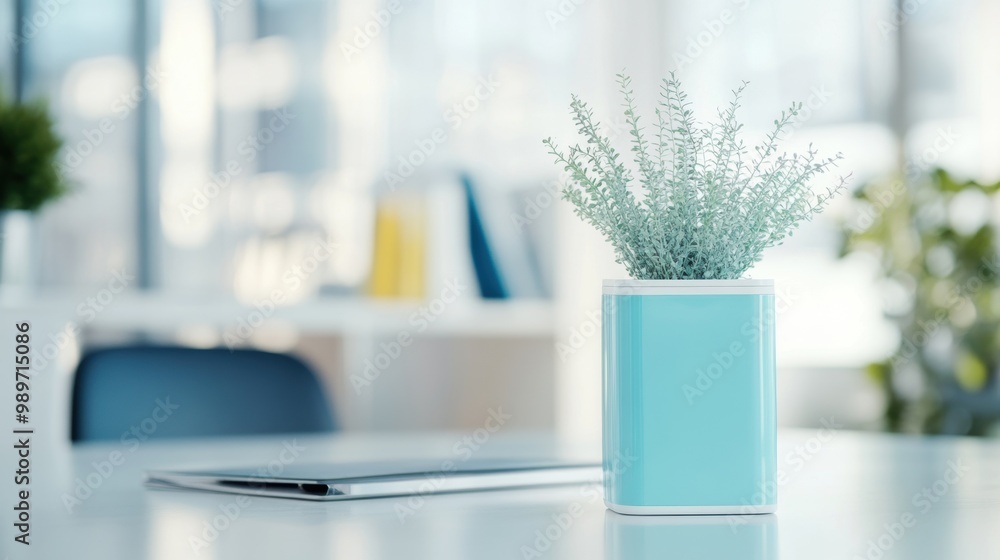A contemporary office desk features hygiene products alongside a small potted plant, promoting a fresh workspace atmosphere A contemporary office desk features hygiene products alongside a small potted plant, promoting a fresh workspace atmosphere