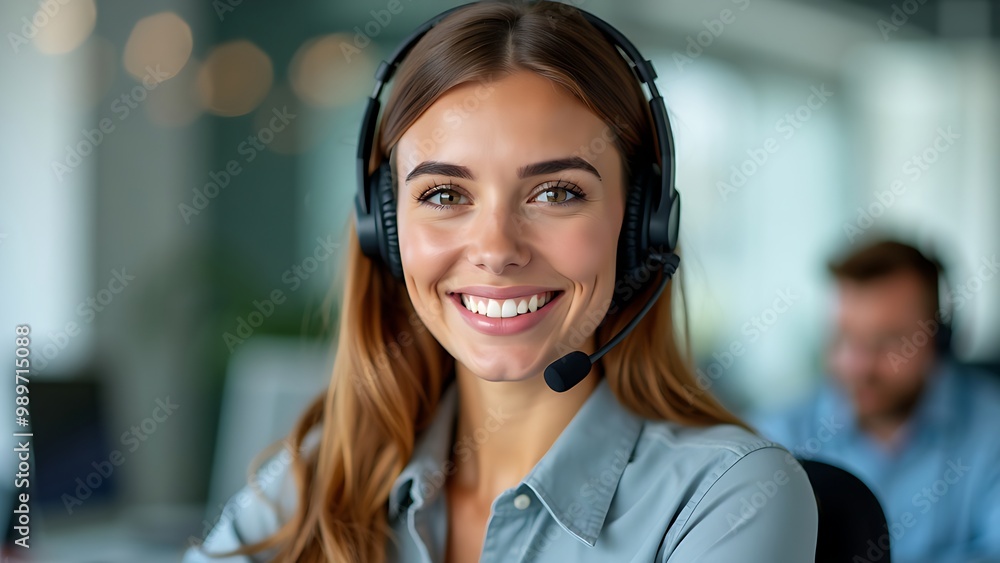 Girl Help Desk Operator wearing headphones in the office Girl Help Desk Operator wearing headphones in the office