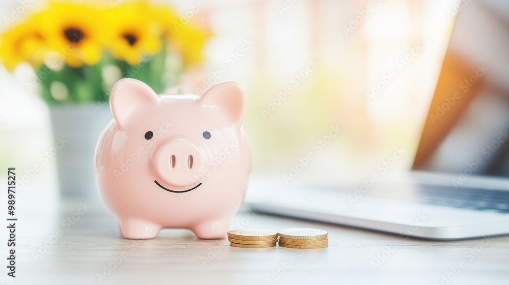 A piggy bank with a smiling face is placed next to a small stack of coins on a business desk adorned with sunflowers A piggy bank with a smiling face is placed next to a small stack of coins on a business desk adorned with sunflowers
