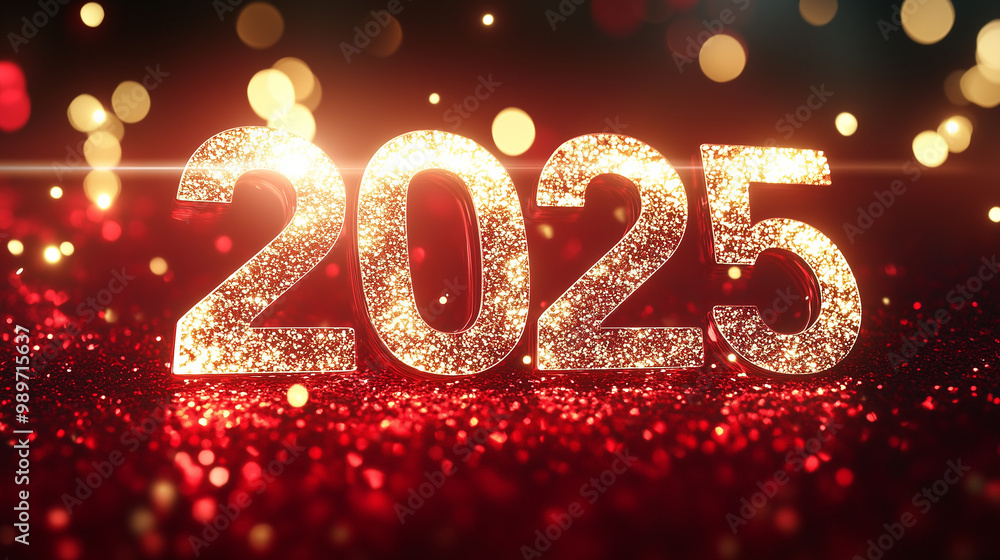 Illuminated 2025 text with golden sparkles, festive New Year background Illuminated 2025 text with golden sparkles, festive New Year background