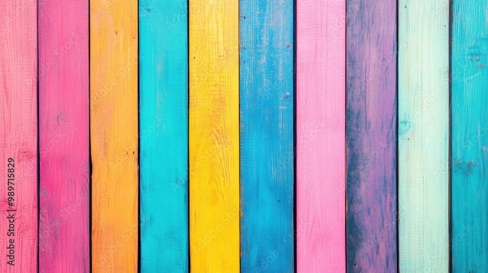 Colorful wooden planks arranged vertically provide a lively backdrop, suitable for various artistic and design projects Colorful wooden planks arranged vertically provide a lively backdrop, suitable for various artistic and design projects