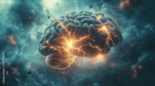 A human brain crackles with sparks and lightning against a dark stormy sky.