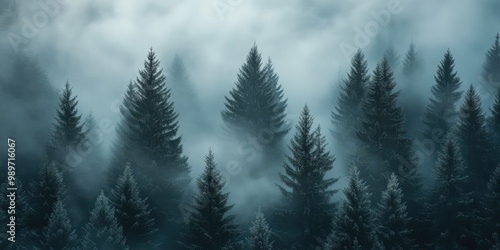 Misty fir forest with soft morning light filtering through the fog