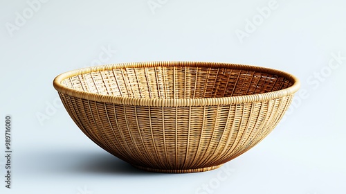 An empty wicker basket, rustic and woven by hand, stands ready for use.