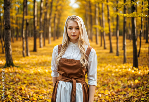 Celebrating Thanksgiving: Young woman in pilgrim attire standing in an autumn forest