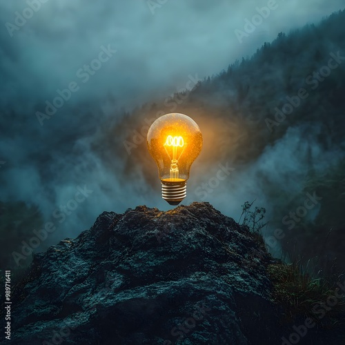 A radiant light bulb floating at the summit of a rugged mountain, symbolizing the birth of new ideas amidst the tranquility of natureDreamy atmosphere, foggy sky