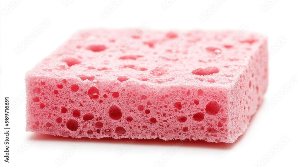 A red kitchen sponge with bubbles sits on a white surface, ideal for cleaning and dishwashing activities in the kitchen A red kitchen sponge with bubbles sits on a white surface, ideal for cleaning and dishwashing activities in the kitchen