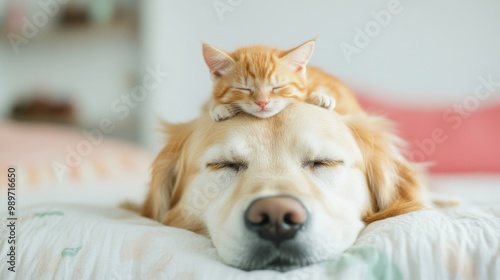 Wallpaper Mural A tiny orange kitten lounges on the head of a relaxed golden retriever, both enjoying a peaceful moment together in a warm room Torontodigital.ca