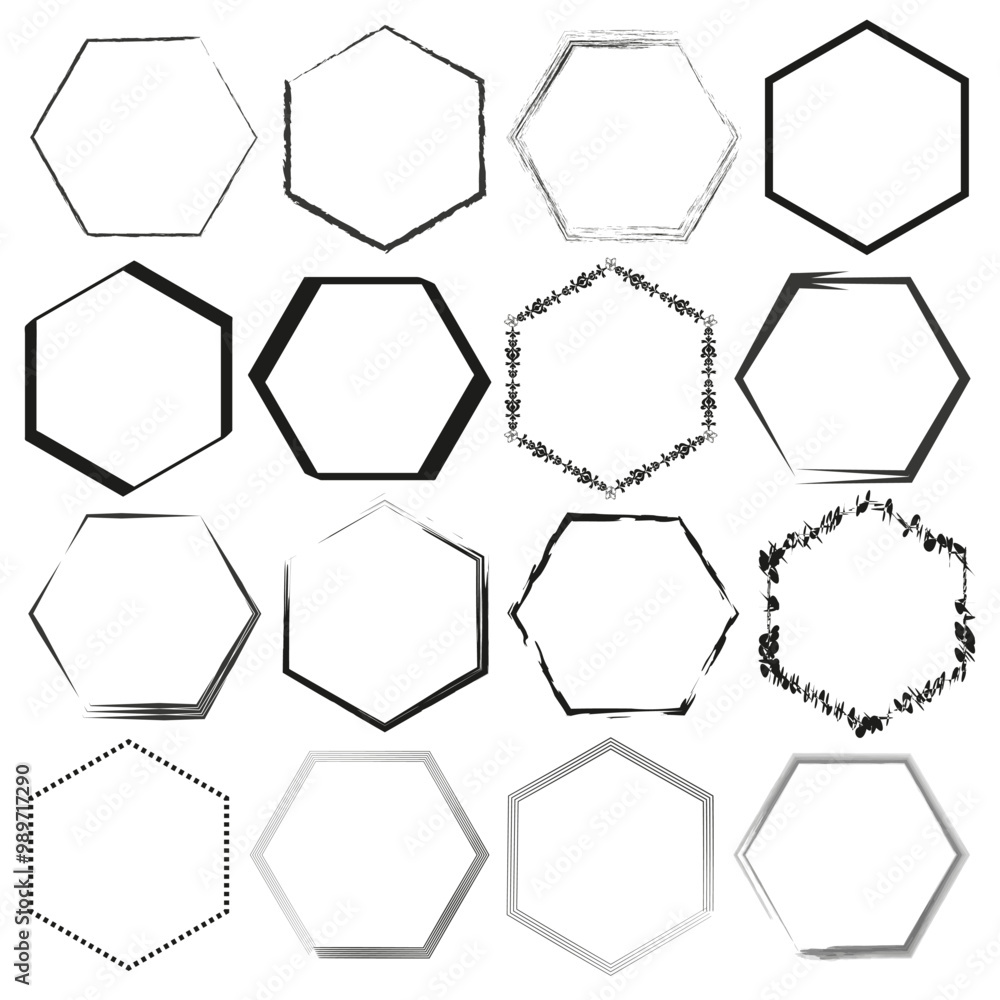 Hexagonal frame collection. Hand-drawn geometric borders. Abstract hexagon shapes. Black and white vector set. Hexagonal frame collection. Hand-drawn geometric borders. Abstract hexagon shapes. Black and white vector set.
