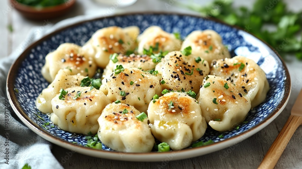 Delicious homemade dumplings served on a classic white plate, showcasing their savory filling and appealing presentation against a minimalist gray backdrop. Delicious homemade dumplings served on a classic white plate, showcasing their savory filling and appealing presentation against a minimalist gray backdrop.