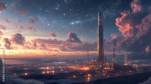 An aerial view of a spaceport at dawn, with rockets aligned on launch platforms, glowing control towers, and distant stars in the sky, clouds swirling below photo