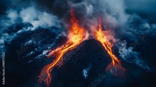 Drone shot of a volcano in mid-eruption, fiery lava rivers cutting through blackened landscapes, ash plumes reaching for the sky, creating a stark contrast