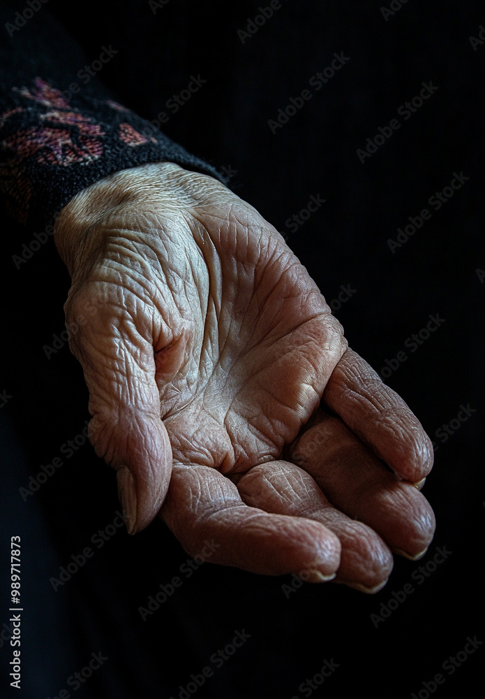 Fototapeta premium A close-up of an elderly hand, showcasing its intricate wrinkles and textures against a dark background, symbolizing age and experience.
